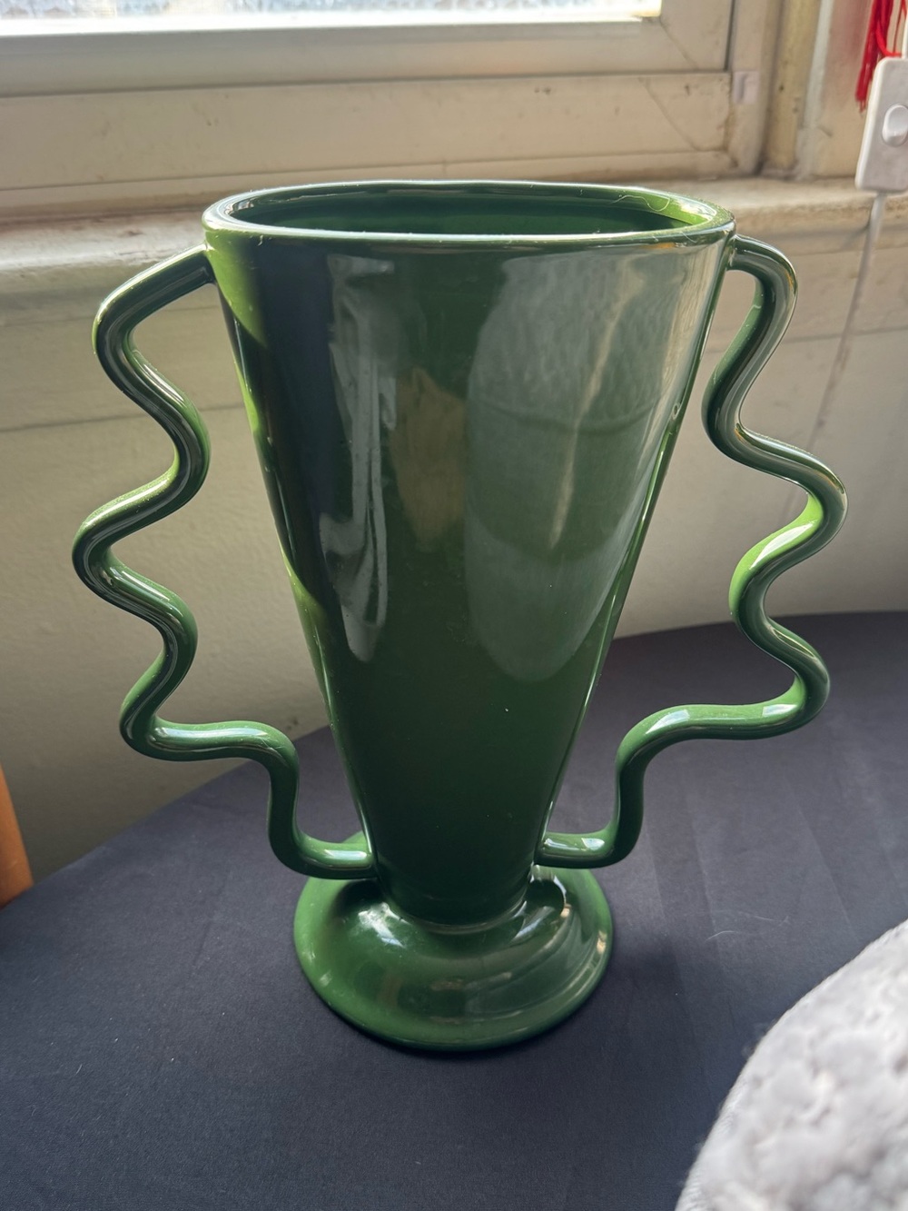 Glossy Green Ceramic Vase with Sculptural Wavy Handles